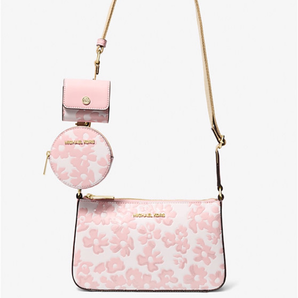 Michael Kors Jet Set Sm Sequined Floral Print Crossbody w Case for Apple AirPod - Picture 3 of 16